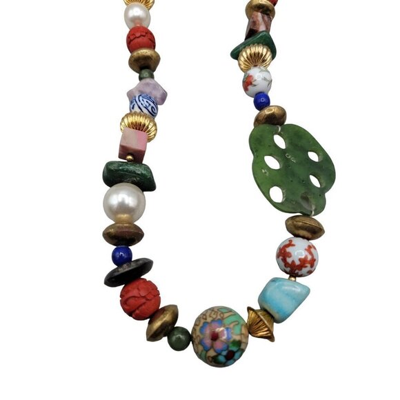 Art Statement Necklace Retro Beaded Multi Media Beads & Shaped Gemstone 25" - Picture 10 of 14